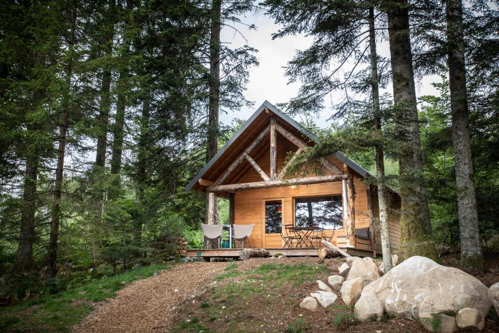 a log cabin in the woods with trees at Huttopia Forêt des Vosges in Barbey-Séroux