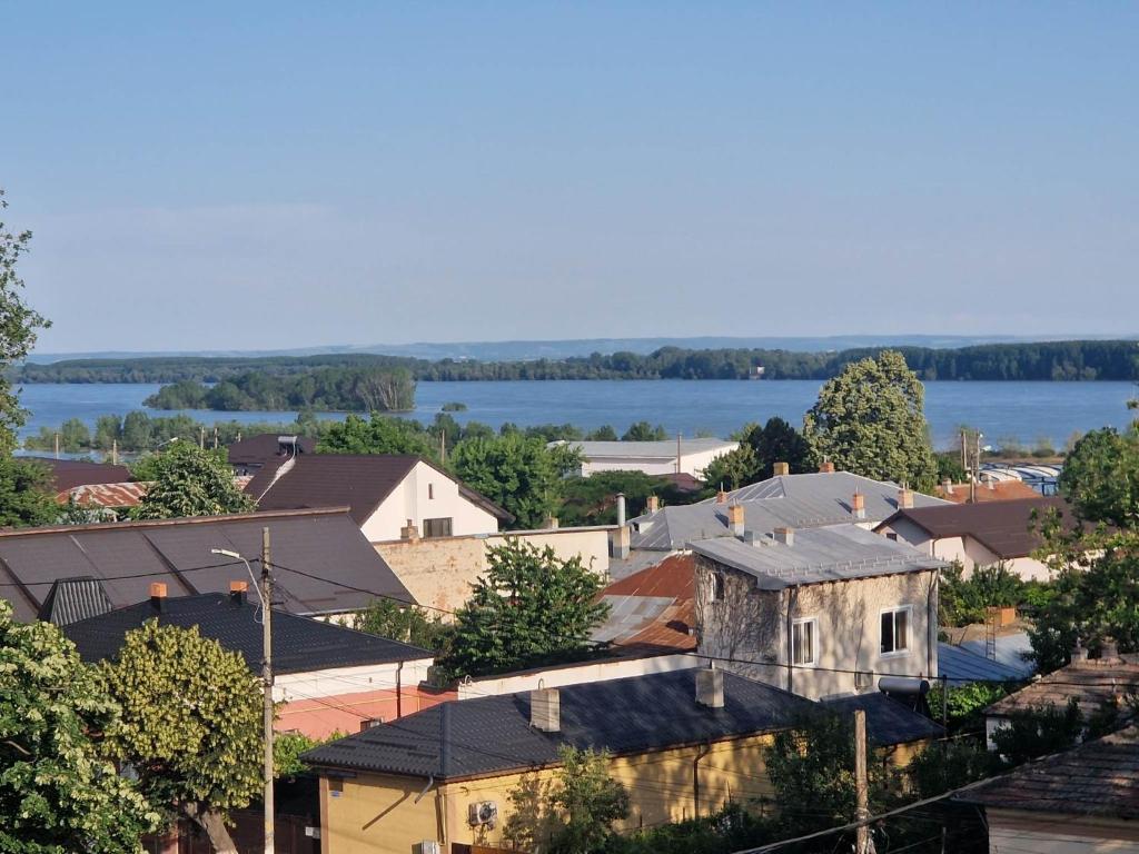 an aerial view of a town with a body of water at Apartament Madalina in Corabia