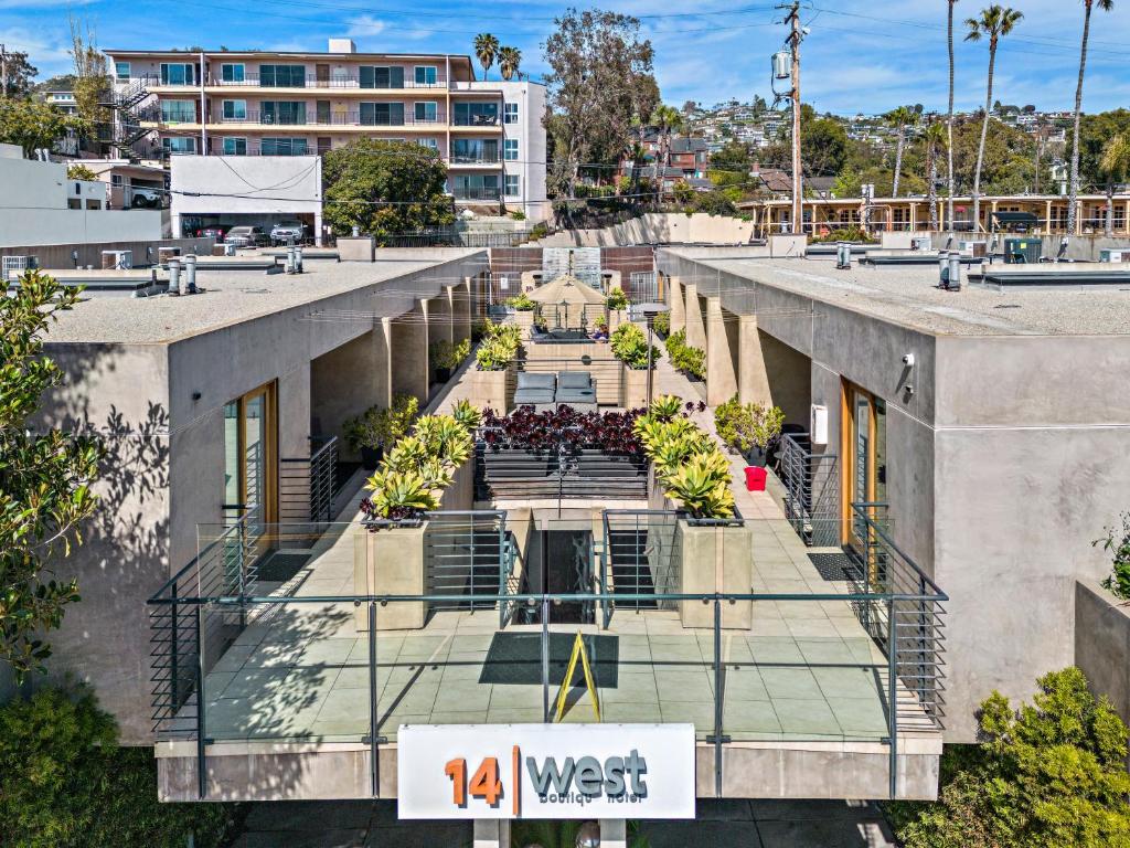 an overhead view of a building with a courtyard at 14 West Boutique Hotel in Laguna Beach