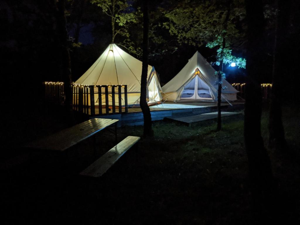 a couple of tents in the woods at night at Horizon Mohair in Saint-Projet