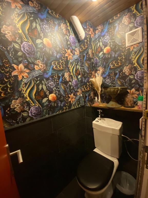 a bathroom with a floral wallpaper with a toilet at Hôtel Restaurant "La Petite Auberge" in Bourg-Saint-Maurice