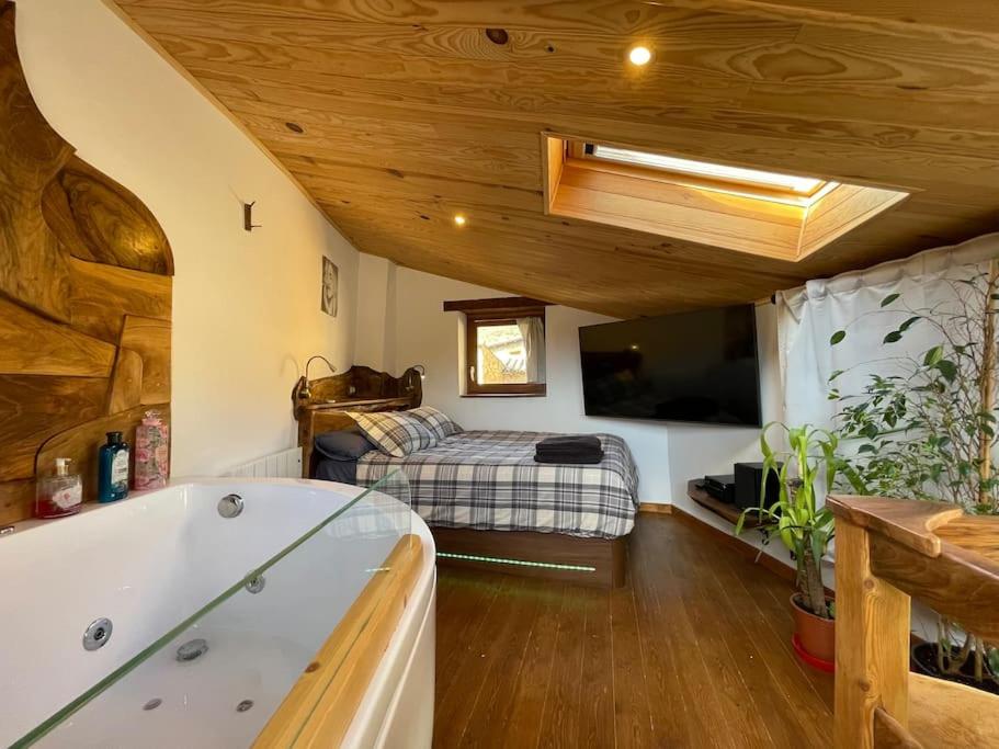 ein Bad mit Badewanne und ein Bett in einem Zimmer in der Unterkunft La cabaña de Lilith in Aren