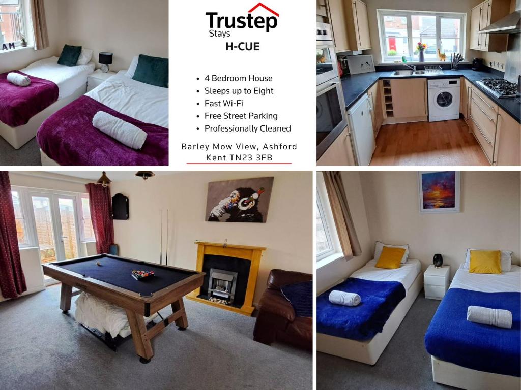 un collage de tres fotos de un dormitorio con una mesa en Room for a few at H-Cue, en Kent