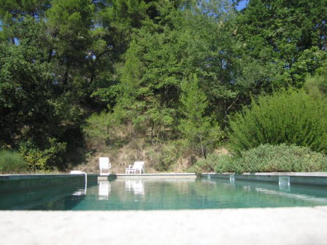 uma piscina de água com duas cadeiras brancas em Petite maison en campagne avec piscine em Saint-Romain-en-Viennois