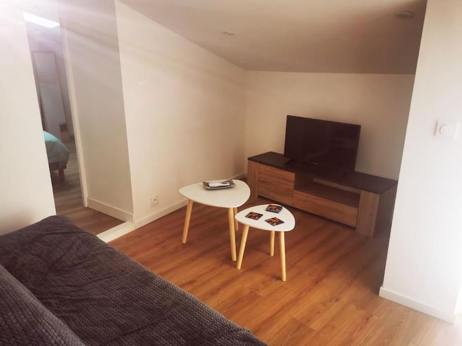 a living room with a bed and a tv and a table at Appartement avec terrasse in Saint-Martin-de-Brômes