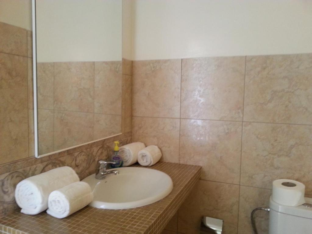 uma casa de banho com lavatório, espelho e toalhas em Quinta Da Montanha em Rui Vaz