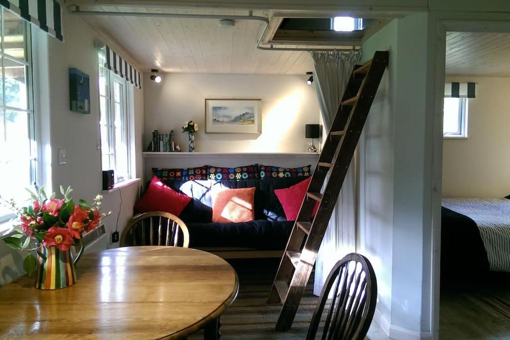 salon z kanapą i stołem w obiekcie Secluded cosy cabin near town centre w mieście St Austell