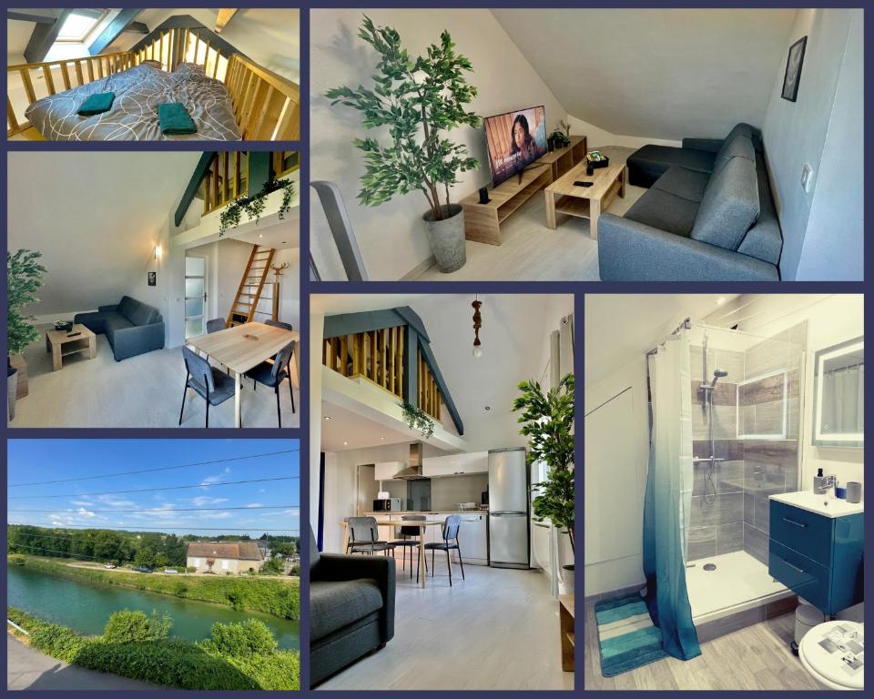 un collage de cuatro fotos de una casa en Escapade Morétaine - Le Loft, en Moret-sur-Loing