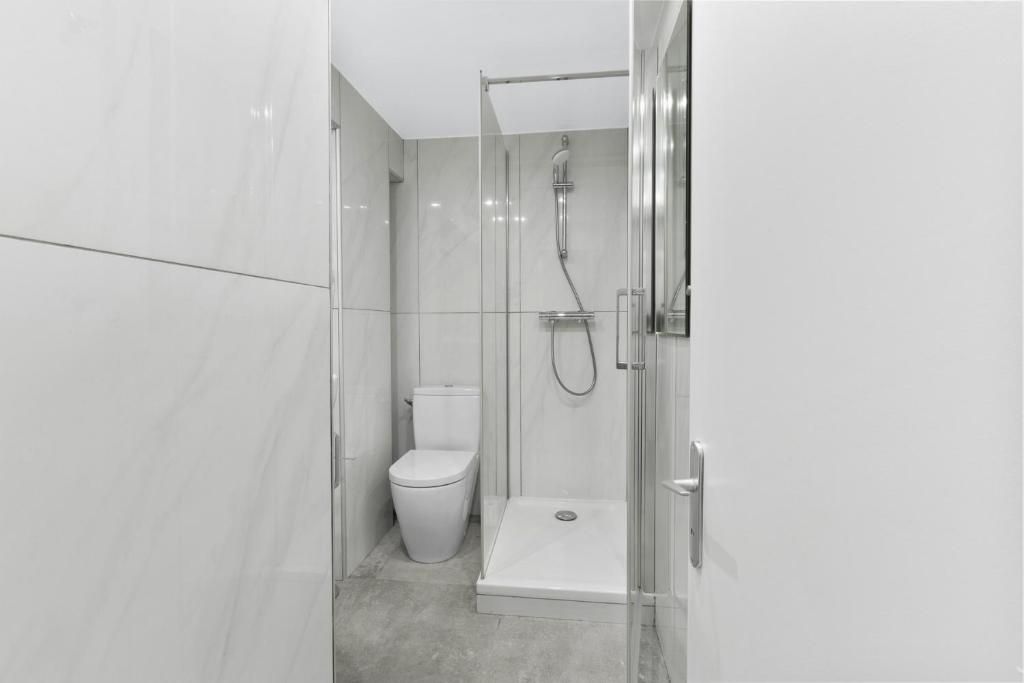 a white bathroom with a shower and a toilet at Cannes NG - Appartement à 10 mn du Palais des Festivals in Cannes