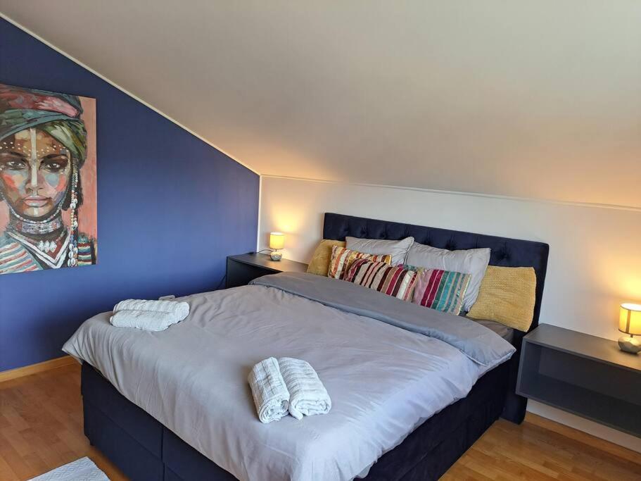 1 dormitorio con 1 cama grande y 2 almohadas en Battistella's Near the Sea, en Rovinj