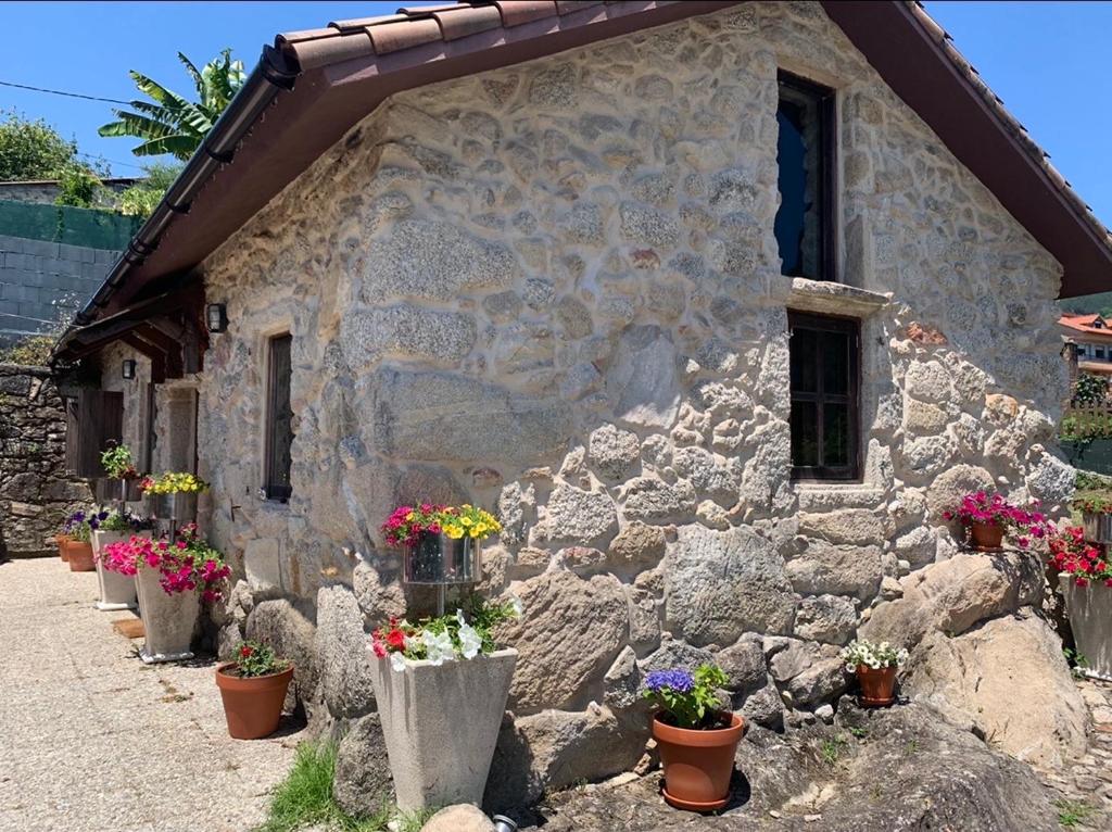 a stone house with potted plants in front of it at CASA CON FINCA PRIVADA in Moaña