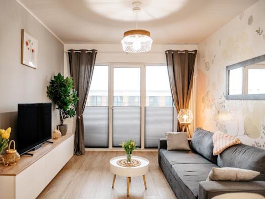 een woonkamer met een bank en een tv bij Bridge Apartments&Spa apartament LILKA in Dziwnów