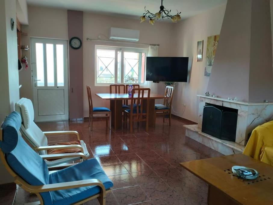 Skhoínos的住宿－Maisonette magnolia，客厅设有壁炉、桌子和椅子