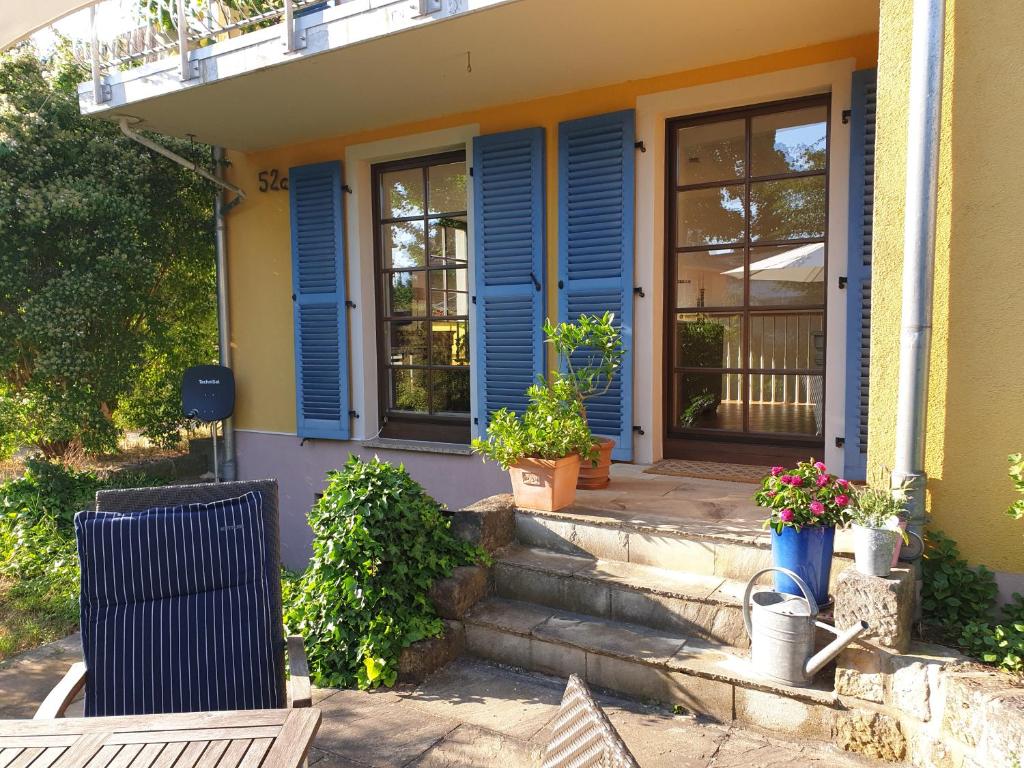 une maison avec des volets bleus et une terrasse couverte avec des plantes dans l'établissement Radebeul mit Flair, à Radebeul