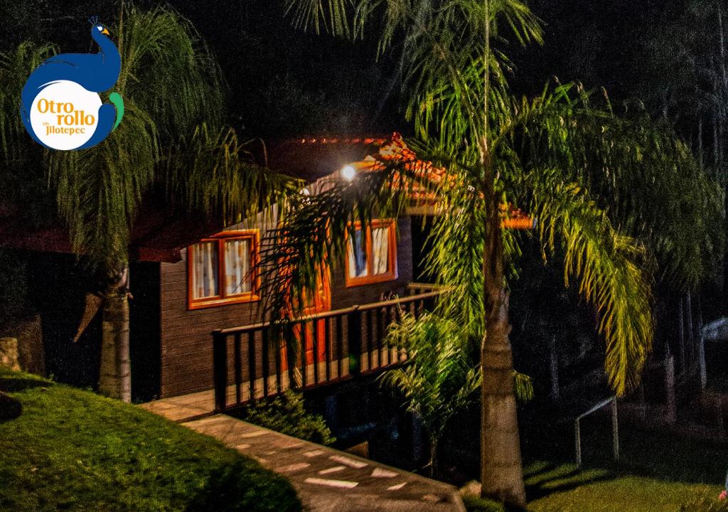 ein Haus in der Nacht mit einer Palme davor in der Unterkunft Otro Rollo en Jilotepec by Rotamundos in Zacapoaxtla