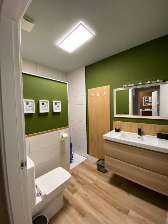 uma casa de banho com um WC, um lavatório e um espelho. em Casa Aturuxo em Belesar