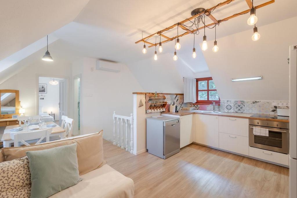 蒂豪尼Kékmadaras Vendégház Tihany的客厅里有一张沙发和一个厨房