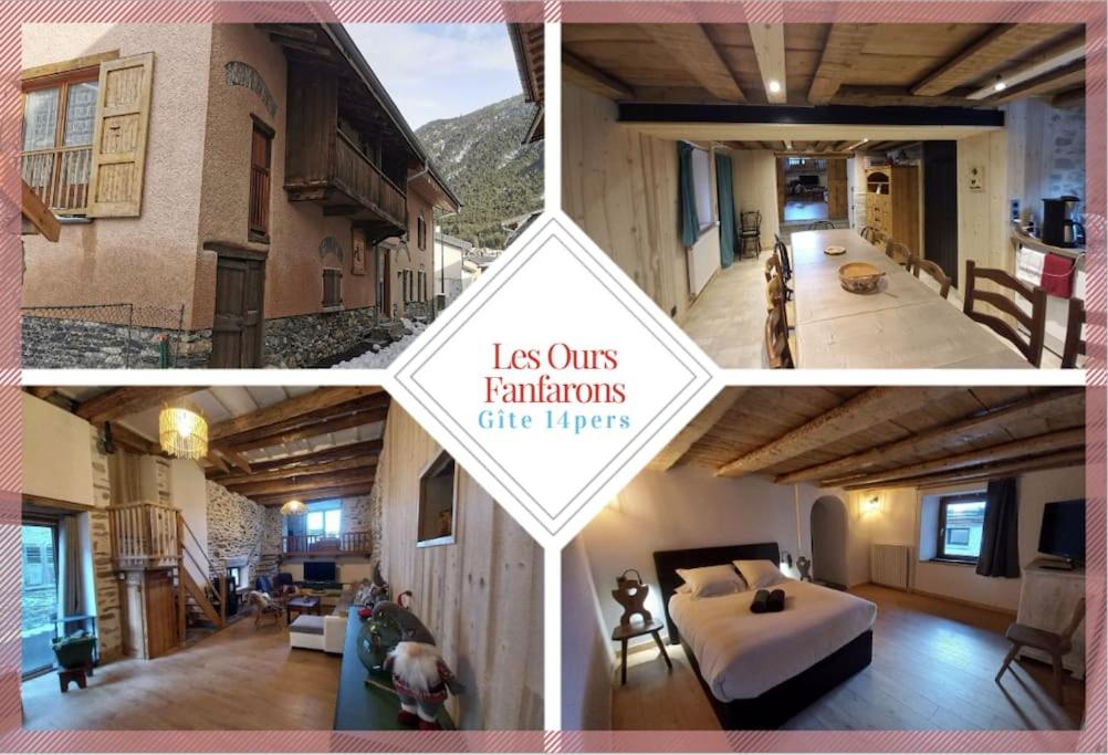 un collage de quatre photos d'une maison dans l'établissement Gîte 14 pers LesOursFanfarons spacieux chaleureux, à Bramans