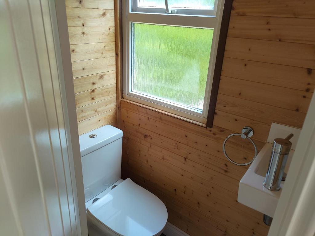 a small bathroom with a toilet and a window at Glampavan in Haven Street
