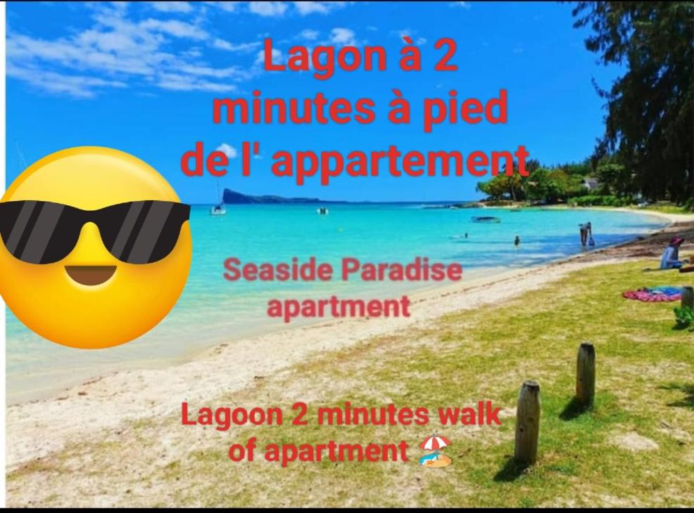 a beach with a yellow smiley face in sunglasses at Seaside Paradise 2 minutes à pied du Lagoon in Pereybere