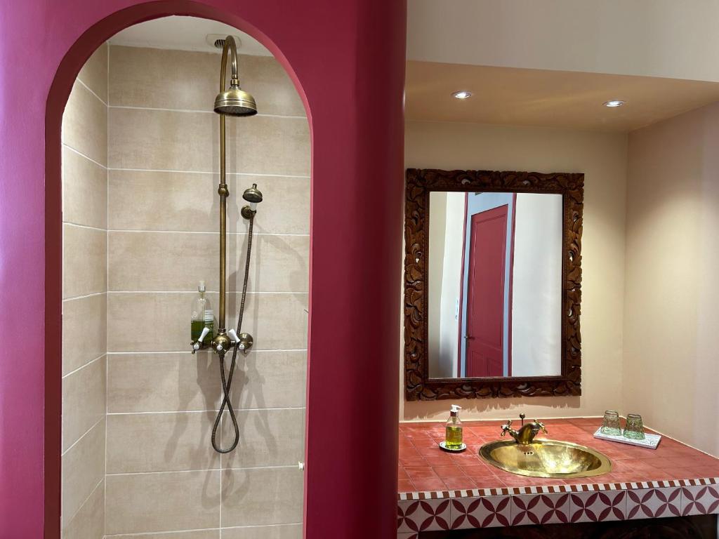 ein Bad mit einem Waschbecken und einer Dusche mit einem Spiegel in der Unterkunft Le Jardin des Anges in Saint-Jean-dʼAngély