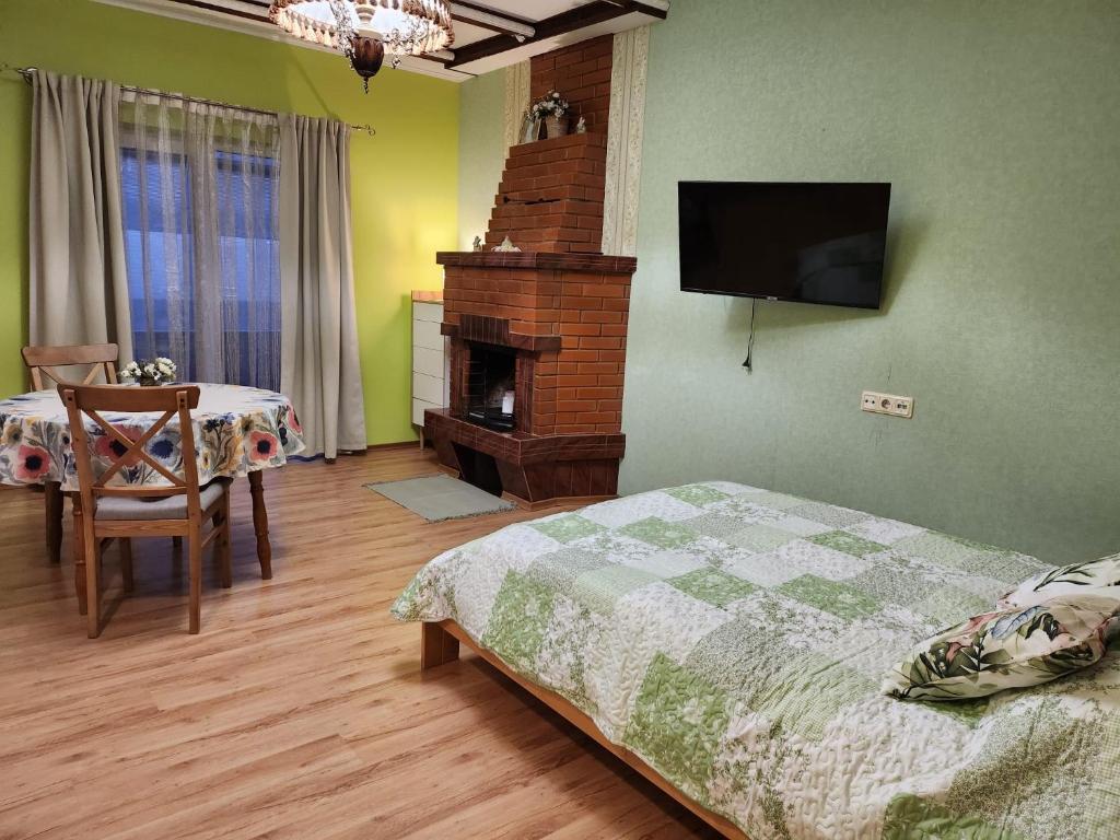 a bedroom with a bed and a fireplace and a television at Renau in Rīga