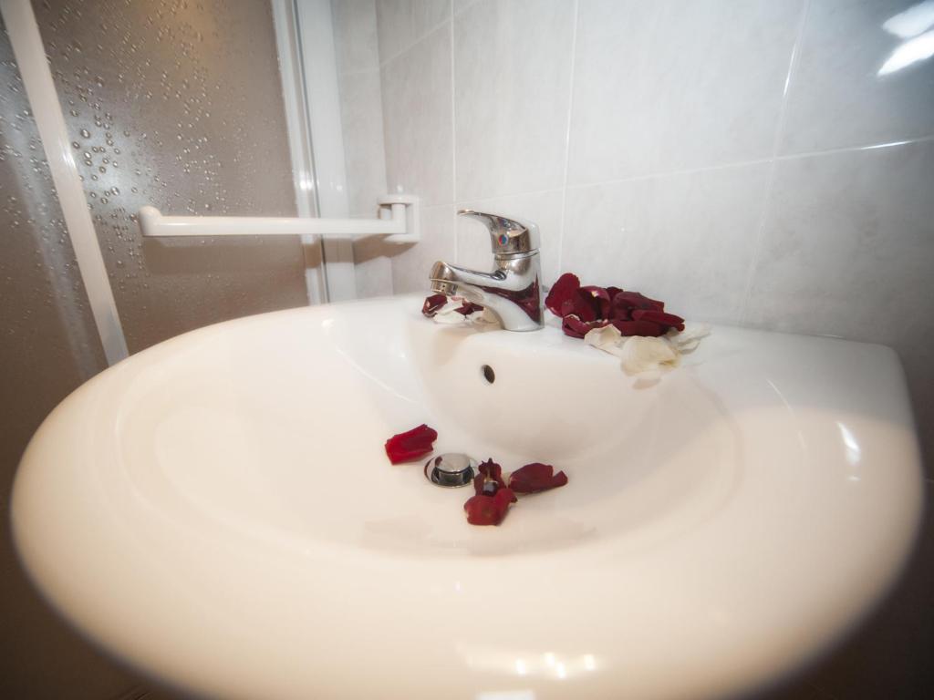 a white bathroom sink with red flowers on it at Hotel del Mar in Sottomarina