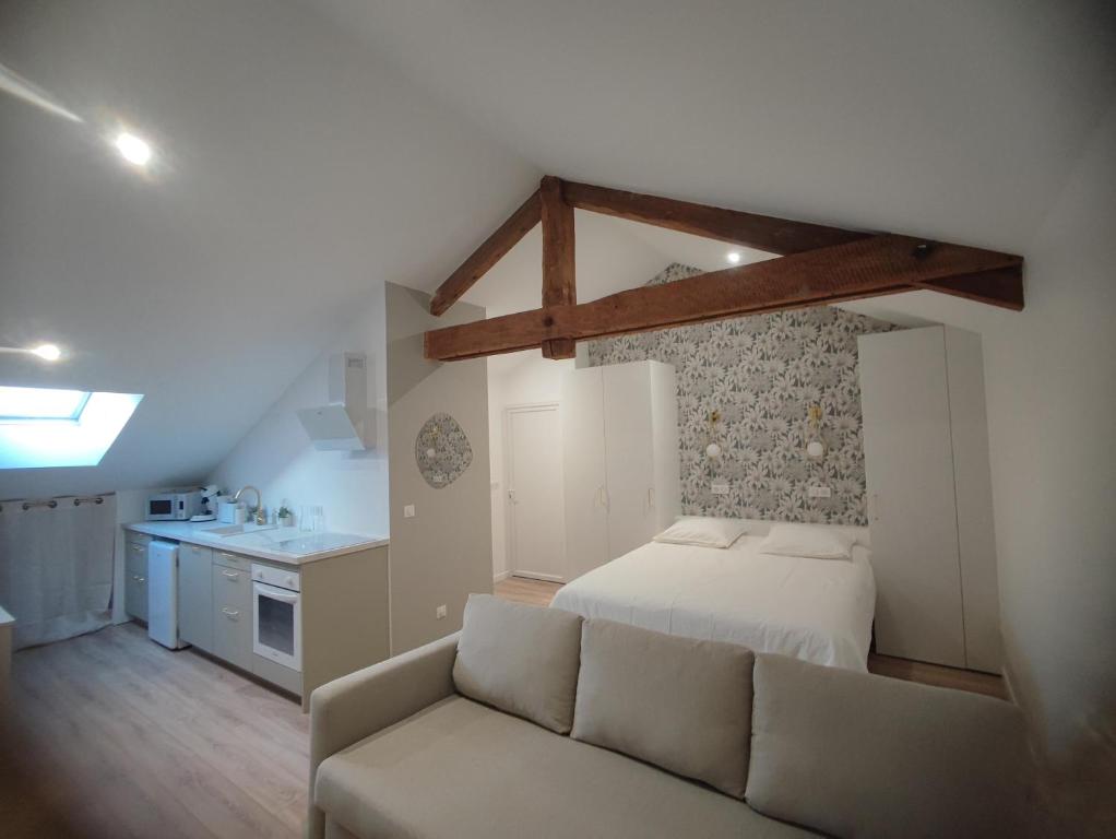 Zimmer mit einem Bett und einem Sofa sowie einer Küche in der Unterkunft Place Barbe in Dijon