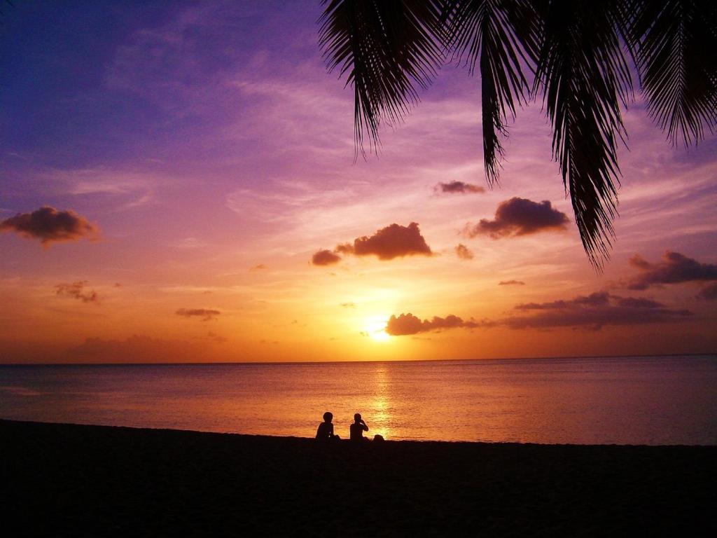 two people sitting on the beach at sunset at Télétravail et Plaisir au soleil avec vue mer! in Bouillante