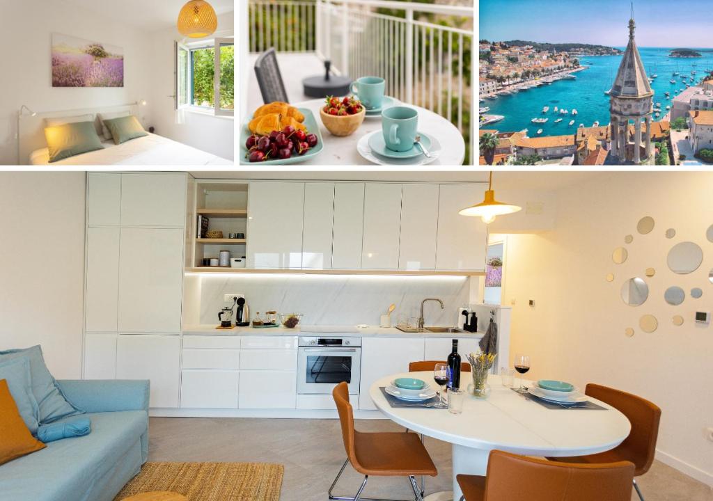a kitchen and a living room with a couch and a table at JesLiving Hvar - 2 Bedroom Elegant Apartment with Sea View in Historic Center of Hvar Town in Hvar