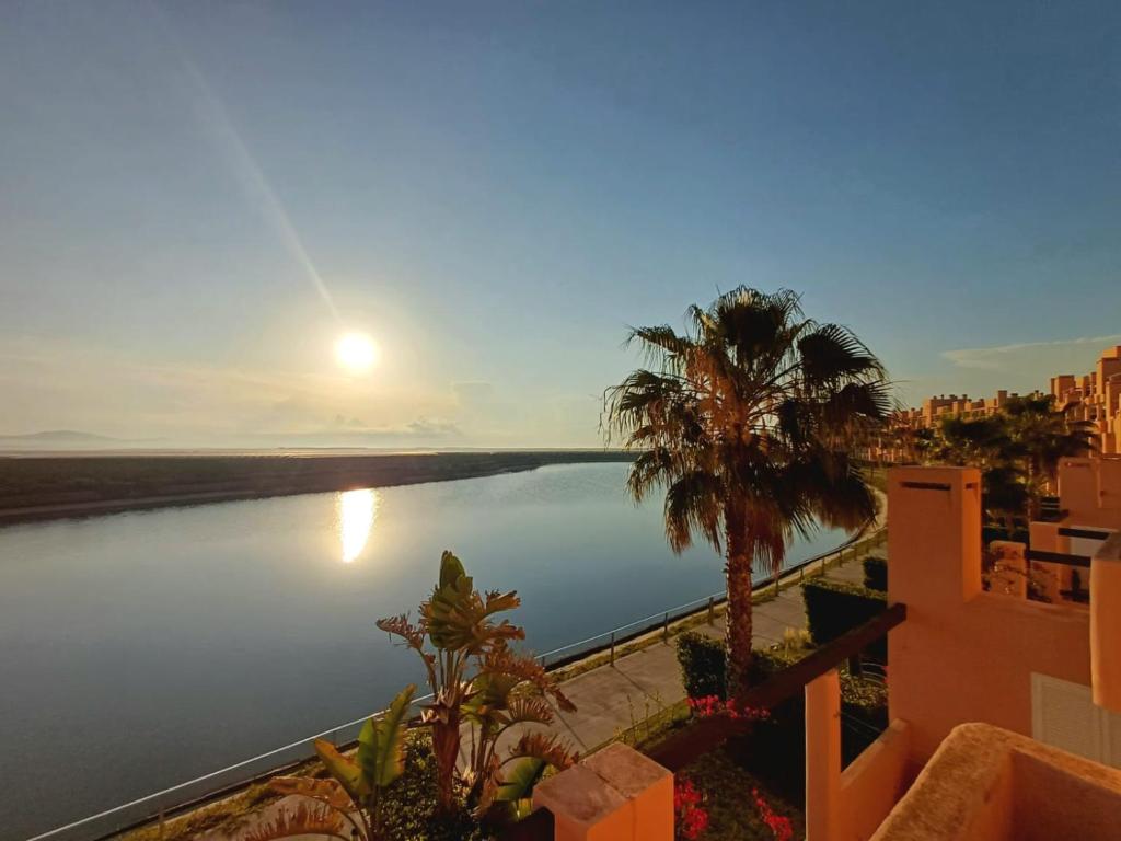 - une vue sur une étendue d'eau avec un palmier dans l'établissement La Isla Casa de Franco - Condado De Alhama Golf Course, à Alhama de Murcia