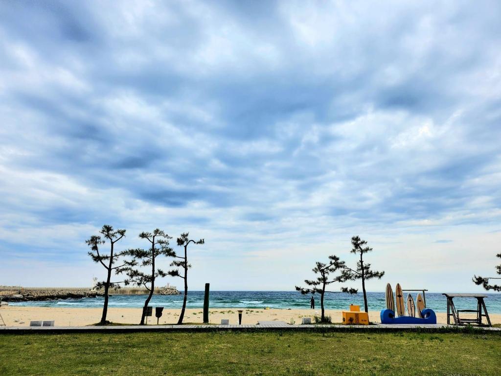 um parque infantil na praia com palmeiras e o oceano em Ocean Stay Yangyang 1318 em Yangyang