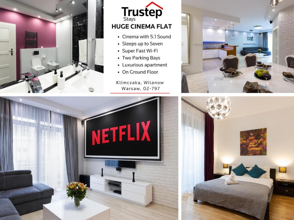 un collage de fotos de una sala de estar con TV en Cinema Flat Centrally Located, en Varsovia
