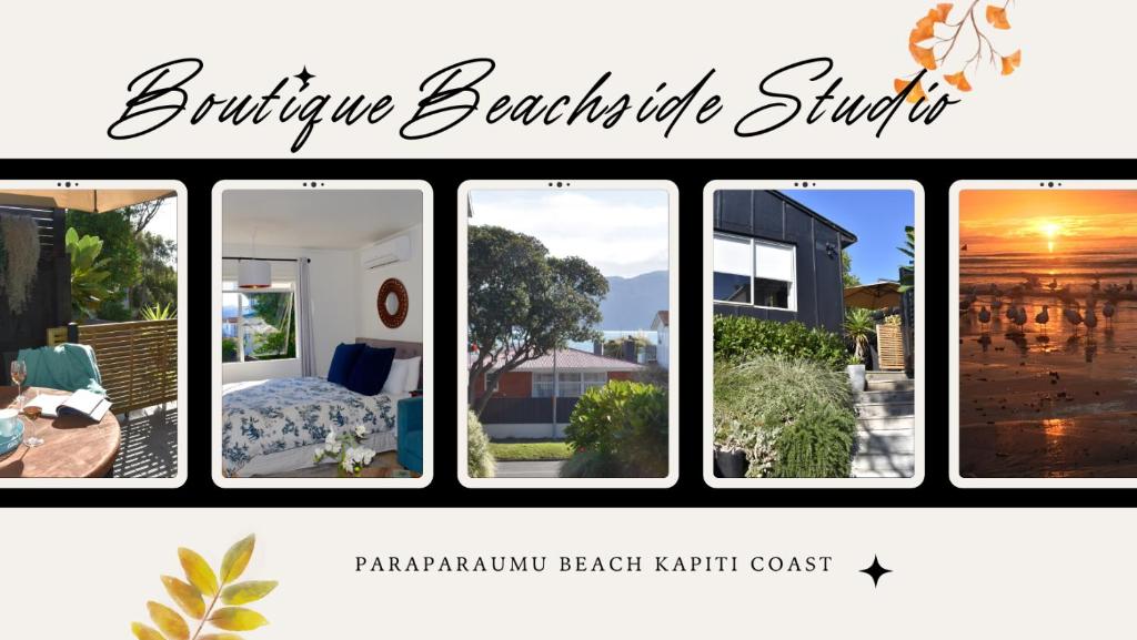 a collage of photos of a house at Paraparaumu Beachside Studio in Paraparaumu