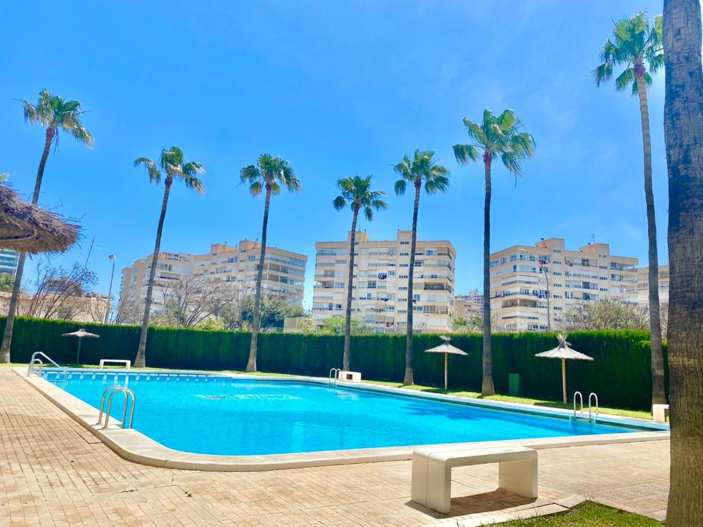 una gran piscina con palmeras y edificios en Apartamento Atenas Piscina 4 pax, Inmobiliaria Leo Playa de San Juan, en Alicante