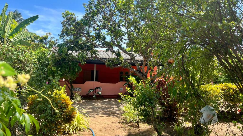 czerwony dom na środku ogrodu w obiekcie Coconut Leaf Shadow Guest w mieście Nilaveli