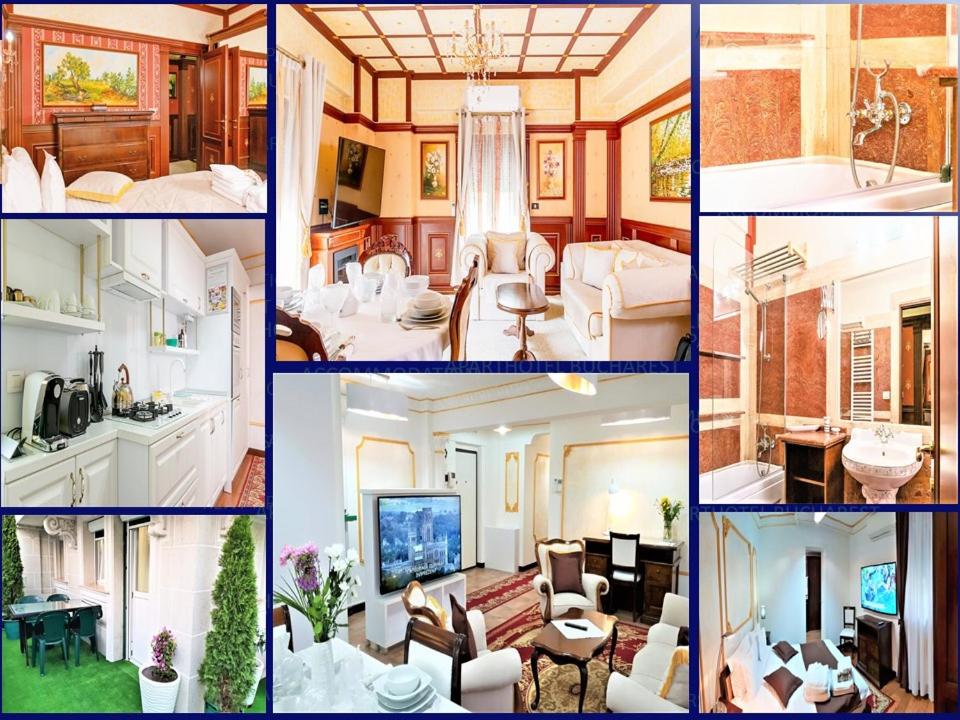 un collage de fotos de una sala de estar en My Hotel Apartments Baneasa en Bucarest