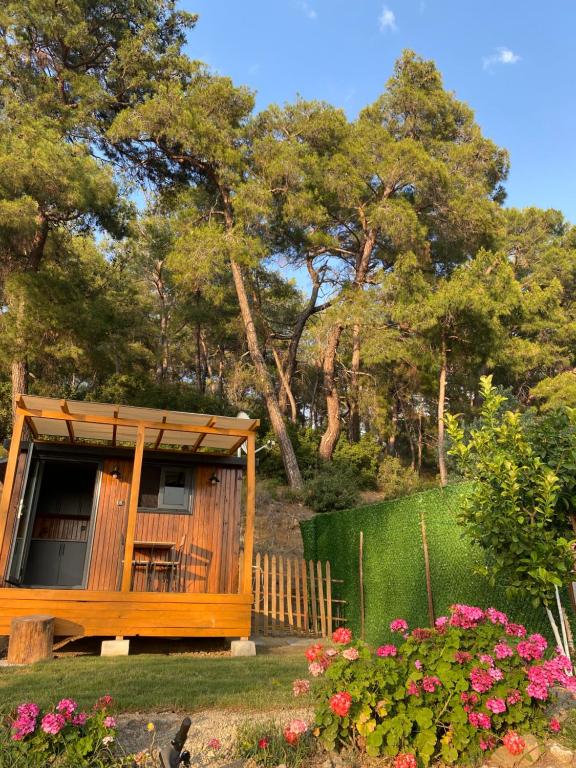 a tiny house in a garden with flowers at Tiny Mini House in Dalaman