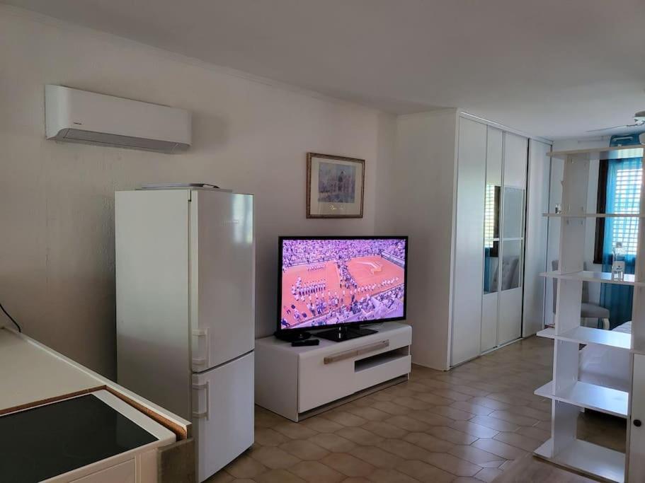 a living room with a tv and a refrigerator at Rez de villa tout confort in Furiani
