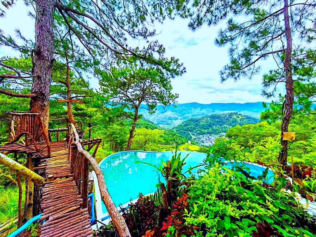 uma vista para uma piscina de água com árvores em IYAMAN FARM NEAR SAGADA MOUNTAIN PROVINCE, PH 