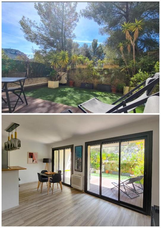 - un salon et une salle à manger avec des portes coulissantes en verre dans l'établissement Jardin Privé ds le Centre de Cassis - Parking - Plage à 500m, à Cassis