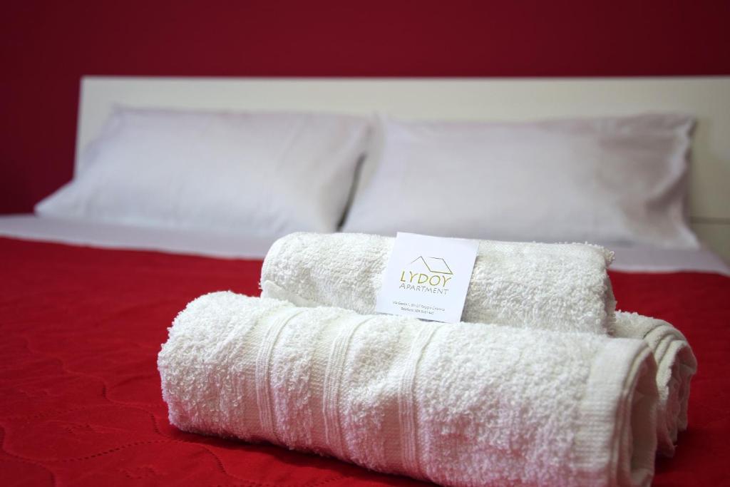 a pile of towels sitting on top of a bed at LYDOY APARTMENT in Reggio di Calabria