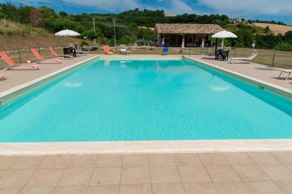 una gran piscina con sillas y sombrillas en L'Aurora B&B - Rural Villa With Private Pool & Panoramic View Near Montelparo, en Montelparo