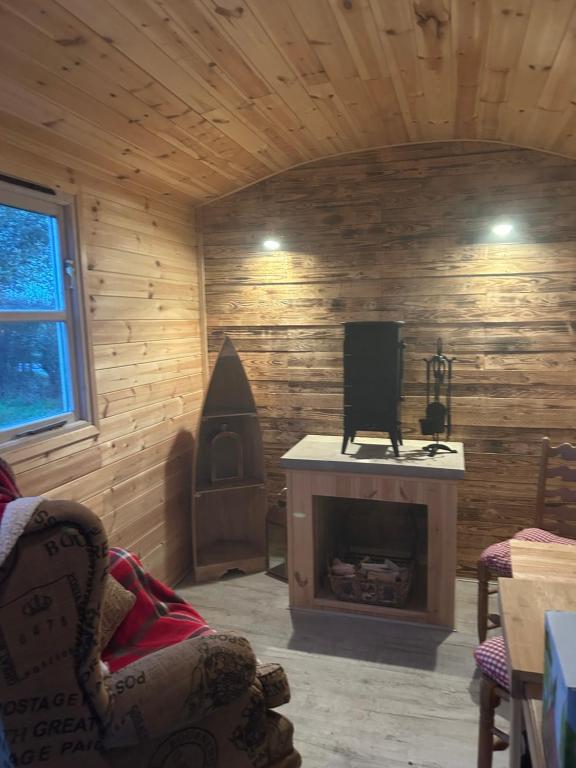 sala de estar con chimenea y TV en Cornwallis shepherds hut en Wix