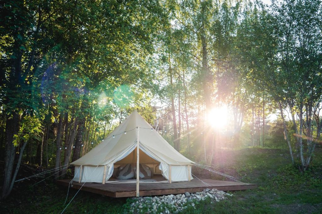 uma tenda branca no meio de uma floresta em Paluküla Glamping Kase em Paluküla