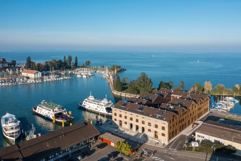 an aerial view of a harbor with boats in the water at Appartement am See 1 in Romanshorn