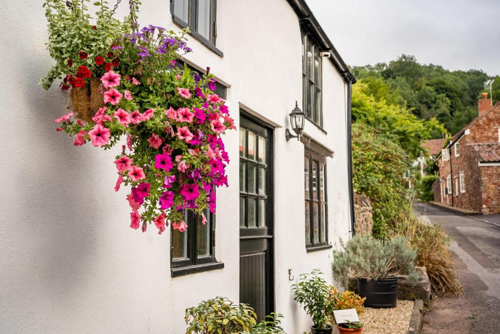 a building with flowers hanging on the side of it at Woodview - cosy 1840s cottage in Chew Valley and Mendip AONB in Compton Martin