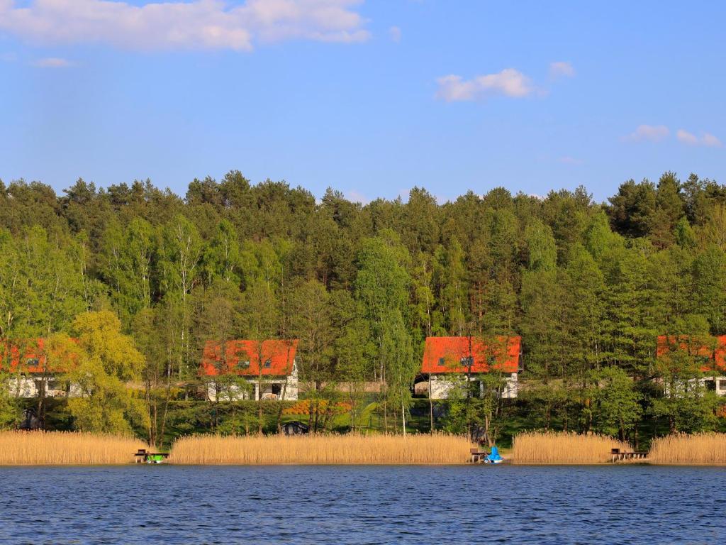 a view of a lake with houses and trees at Cztery Luksusowe Domy na Mazurach, jezioro Juksty - SAKURAREST in Sniadowo