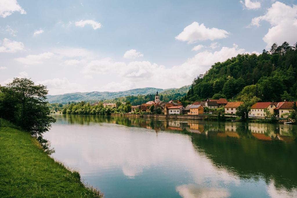 vistas a un río con casas y edificios en Apartments Gros, en Radeče
