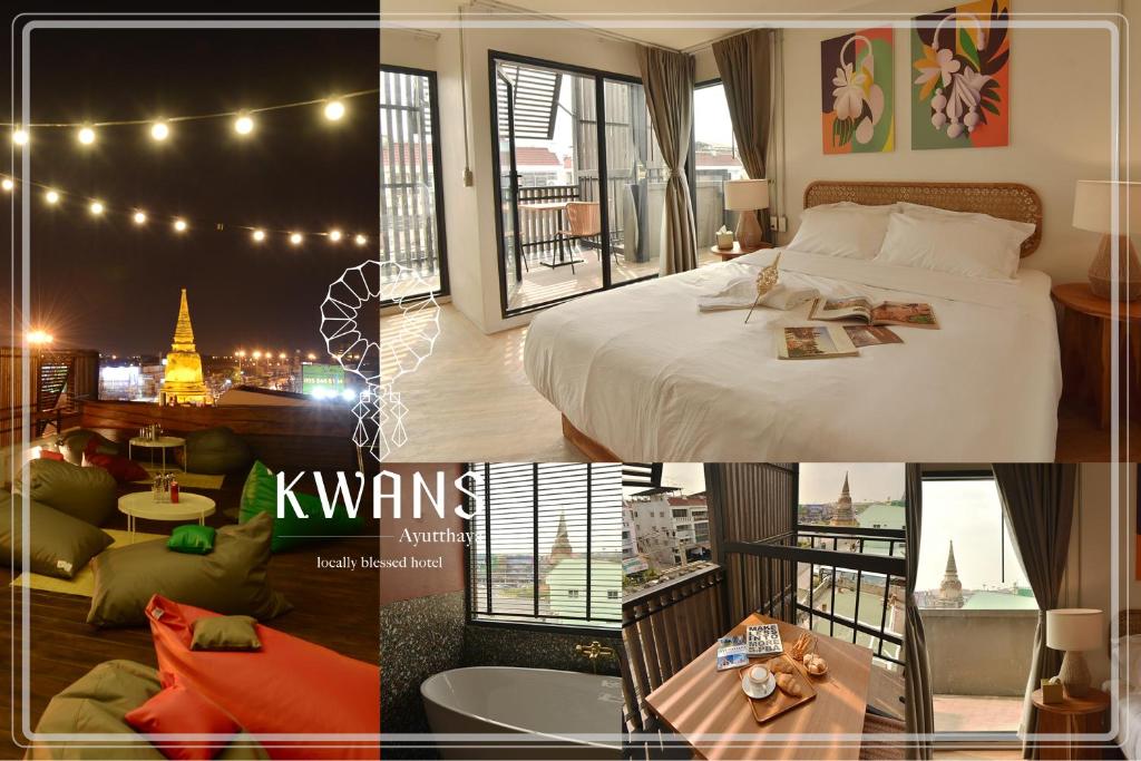 eine Collage mit Fotos eines Hotelzimmers mit einem Bett in der Unterkunft KWANS Ayutthaya in Phra Nakhon Si Ayutthaya